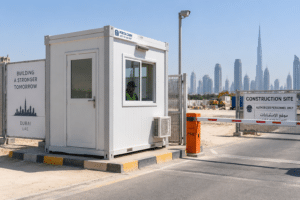 Porta Cabin Price in Dubai 2026: Complete Cost Guide 2 Small security guard porta cabin at Dubai construction site entrance